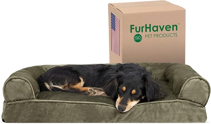 Furhaven Pillow Dog Bed for Medium/Small Dogs w/ Removable Bolsters & Washable Cover - Faux Fur & Velvet Sofa - Dark Sage, Medium-Mewly Pet