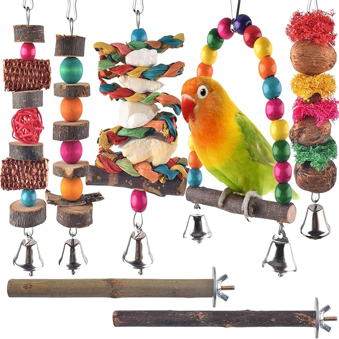 Bissap Bird Chew Toys, 7 Packs Parakeet Natural Wood Toys Parrot Hanging Cage Toy Bird Perch Stand for Small Bird Conure Cockatiel Parrotlet Lovebird Budgie-Mewly Pet