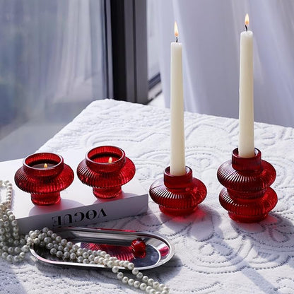 VOHO 12pcs Ribbed Taper Candle Holders for Table Centerpiece, Romantic Red Glass Candle Holder for Anniversary Wedding Decor, Double-Sided Red Tapered Candlestick Holders for Tealight & Taper Candles