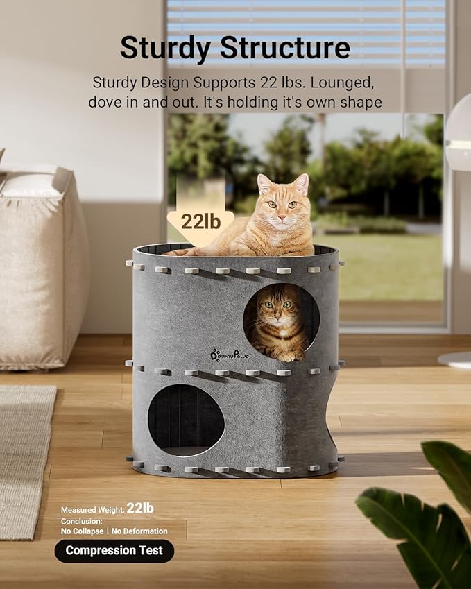 DownyPaws Cat House for Indoor Cats, 2-Storey Foldable Cat Bed Cave, Felt Cats Tunnel Bed Condo, Castle Kitten Cube Hideaway for Multicats, Scratch Resistant, Light Gray-Mewly Pet