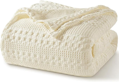 PHF 100% Cotton Waffle Weave Blanket Queen Size for Bed, Soft Lightweight & Breathable, All-Season Comfort, Luxury Aesthetic Woven Bedding for Home Decor, 90"x90", Cannoli Cream