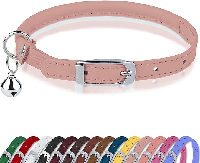 OOPSDOGGY Rolled Leather Cat Collar with Bell, Reflective Kitten Collars with Buckle Include Safety Elastic Strap - Adjustable Small Pet Collars for Boy Girl Cats (Blush)-Mewly Pet