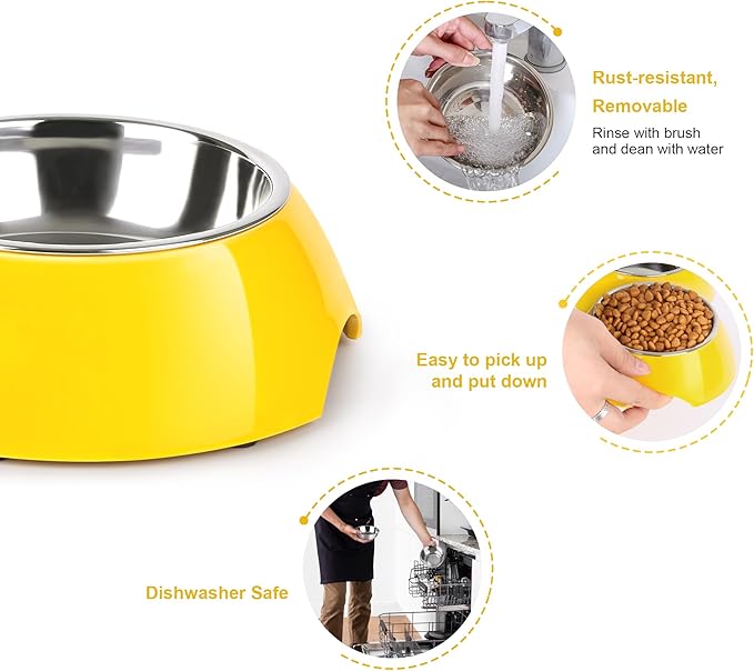Elevated Dog Bowls Set - Non-Slip Raised Pet Feeder with Medium (2 Cups) & Large (4 Cups) Stainless Steel Bowls - Includes Durable Resin Stand for Puppies, Adult Dogs & Cats - Yellow-Mewly Pet