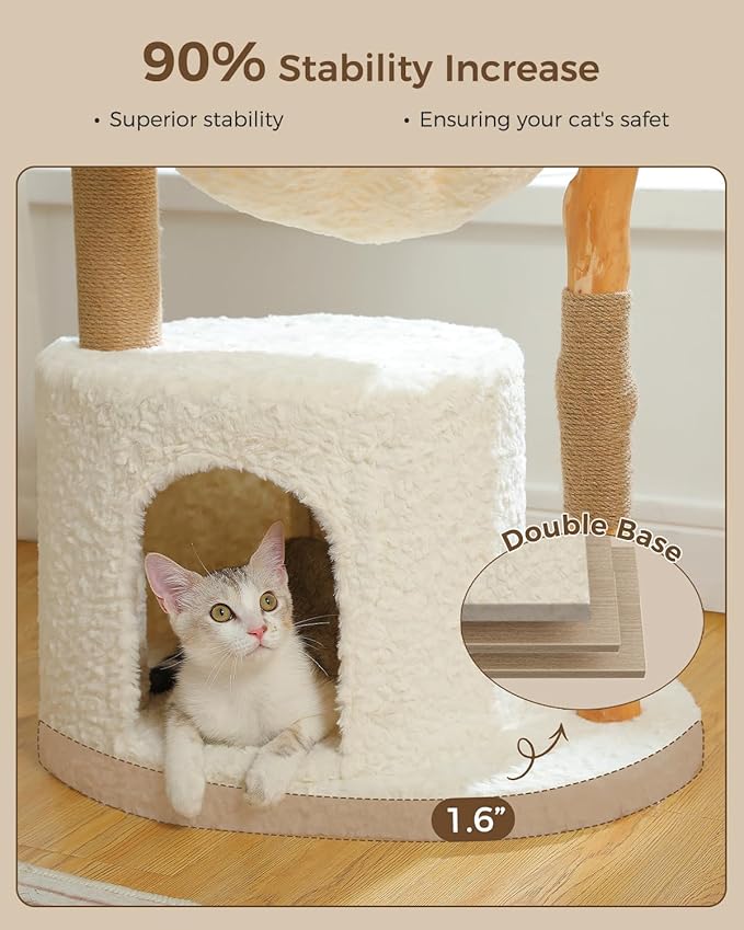 Modern Cat Tree for Large Cats, Wood Cat Tower for Indoor Cats, Real Branch Luxury Cat Furniture with Super Large Cozy Condo and Hammock & Scratching Post, Top Basket, White-Mewly Pet