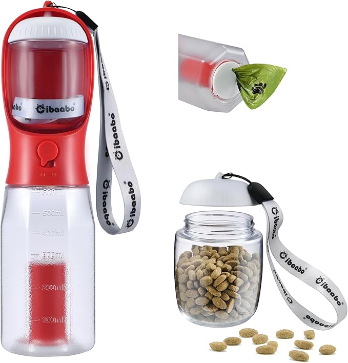 Dog Water Bottle with Food Container & Poop Bag Holder, Travel Water Bowl, Portable Pet Dispenser, Dog Stuff Accessories Items, Puppy Essentials Necessities for Yorkie Chihuahua Walking Hiking-Mewly Pet