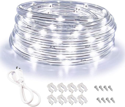 LED Rope Lights, 16ft Daylight White Strip Lights with Clear PVC Jacket, Connectable and Flexible, Waterproof for Indoor Outdoor use, 110V Plugin Tape Lighting with High Brightness 3528 LEDs