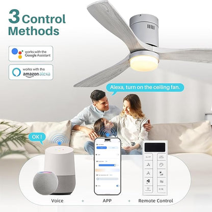 Sofucor 52 Inch Smart Ceiling Fans with Lights-Flush Mount Low Profile Modern Outdoor Solid Wood Ceiling Fans with Alexa/Google Assistant/APP/Remote Control for Bedroom/Farmhouse/Patio, Silver Grey