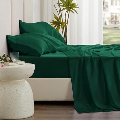 Love's cabin Twin Satin Sheet Set - 3 Piece Dark Green Silky Bed Sheets with Deep Pockets, Luxury Silk Feel Satin Twin Size Sheet Set Bedding Set (1 Flat Sheet,1 Fitted Sheet,1 Pillow case)