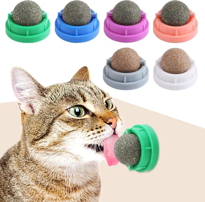 KIMOBER 6 Pack Catnip Ball for Cats,Edible Kitten Chew Toys with Catnip Silvervine Gall Fruit Flavors for Cats Lick Dental Teeth Cleaning Cats Wall Treats-Mewly Pet