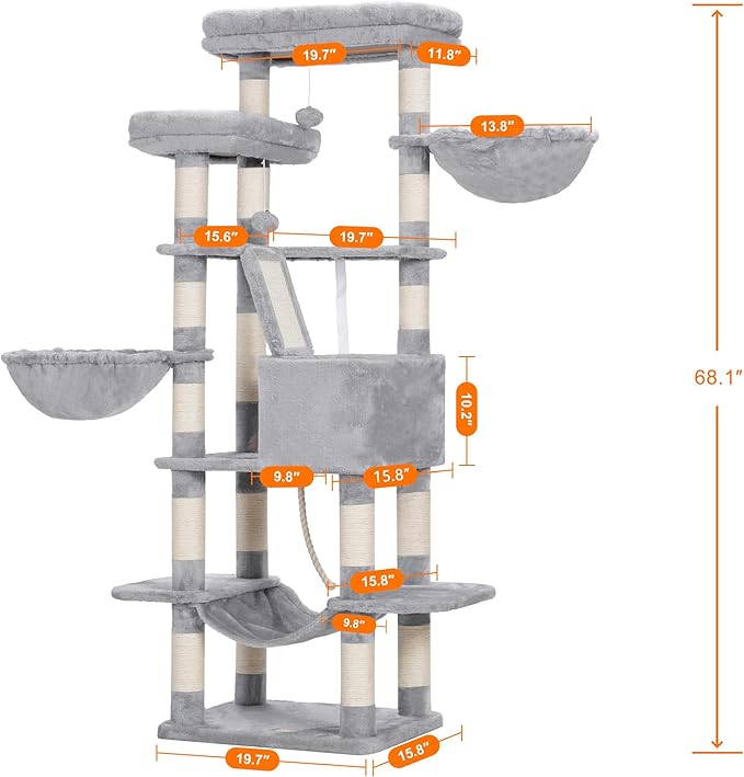 Heybly Cat Tree, 68 inch Multi-Level Cat Tower for Indoor Cats, 2 Widened Plush Perches Cat Condo with Scratching Board and Big Caves, Light Gray HCT025W-Mewly Pet