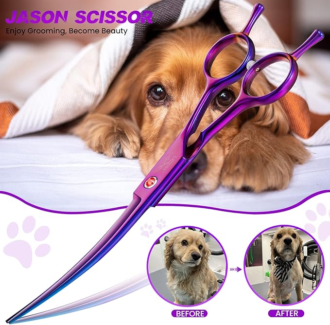 JASON Curved Shears for Dogs - 7.5" Pet Grooming Scissors with Ergonomic Handle Japanese Stainless Steel Trimming Scissor for Dogs, Cats and Other Pets, Sharp (Up-Curved, Purple)-Mewly Pet