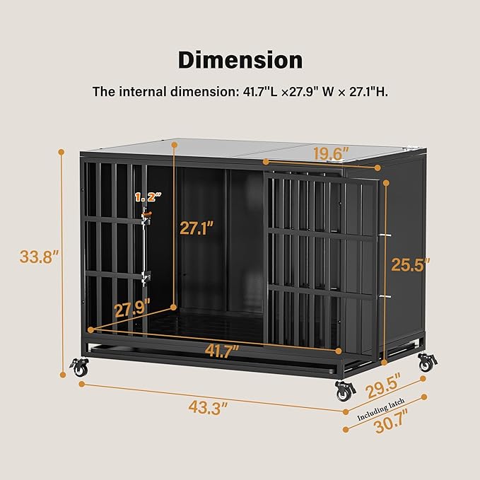 42 inch Heavy Duty Dog Crate with Self-Locking Latch, Indestructible Steel Large Kennel with Enclosed Design, Chew-Proof and Escape-Proof Pet Cage for High Anxiety Dogs-Mewly Pet