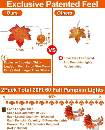 2 Pack Thanksgiving Decorations Fall Garland with Pumpkin Lights Fall Decorations for Home, Total 60 LED 20 Ft Maples Leaves Thanksgiving Lights Battery Operated Autumn Decor Indoor Outdoor Christmas