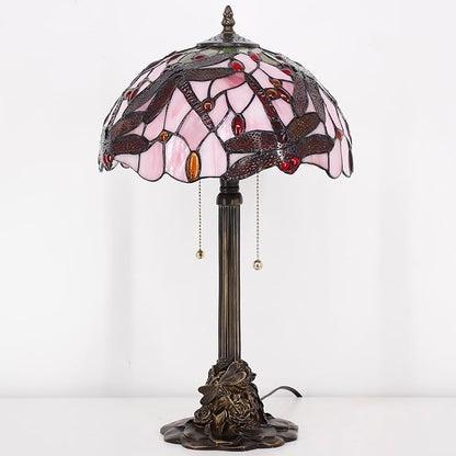 Tiffany Stained Glass Table Lamp 12X12X21Inch Resin Base Desk Bedroom Living Room Reading Light (Pink Dragonfly)