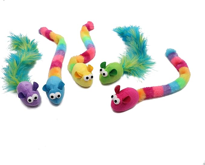 5 Pack Interactive Catnip and Feather Cat Toys, Multi-Colored Mice with Long Feather Tail, Accessories for Indoor Cat, Catnip Plush Toys with Natural Feathers and Rattles-Mewly Pet