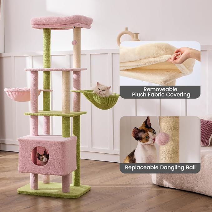 Gardner Pet 65in Heavy Duty Cat Tree Tower for Large Cats, Multi-Level Cat Furniture with Replaceable Sisal Scratching Post, Hammock | Extra-Large Platform & Condo (Pink&Green, Basic φ:2.84")-Mewly Pet