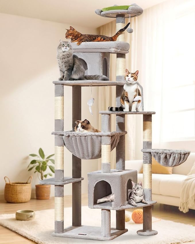 Taoqimiao 83In Heavy Duty Cat Tree, Suitable 20lb+ Large Cats, XXL-Cat Tower for Indoor Cats Large Adult, 2 Luxurious Cat Cando with 8 Scratching Posts,Oversized Metal Hammocks, Light Gray MS032W-Mewly Pet