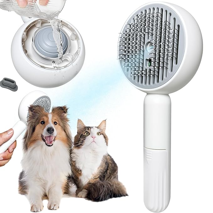 3-in-1 Steam Brush for Cats & Dogs – Hair Removal Comb with One-Click Release & Water Spray – Grooming Brush for Shedding, Long/Short Hair (white brushs-grey)-Mewly Pet