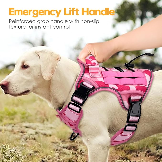 Heavy-Duty Tactical Dog Harness for Large Dogs, No Pull Adjustable Reflective Pet Vest with Molle System, K9 Military-Grade Control for Service Training, Outdoor & 10+ Breeds, Pink Camo, Small-Mewly Pet