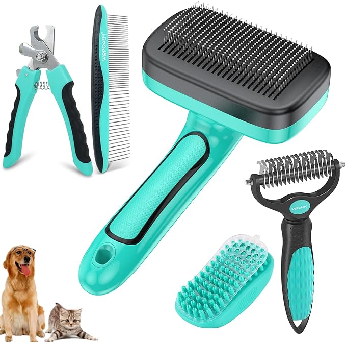 Dog Brush Kit for Grooming Short & Long Haired Dogs & Cats, 5 in 1 Pet Grooming Set for Small Animals, 5 PCS Puppy Self-Cleaning Slicker Brush and Pet Comb for Shedding Medium & Large Dogs-Mewly Pet
