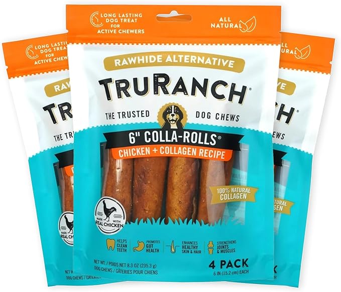 Collagen Rolls - 6" Collagen Rolls for Dogs - Long Lasting Healthy Joint Support - Rawhide Alternative - Skin & Coat Health - Made with Real Chicken, Value Pack, 3 Bags, 12 Count-Mewly Pet