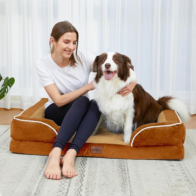 Comfort Expression Large Dog Beds Waterproof Orthopedic Foam Dog Sofa Beds Comfy Pet Bed with Washable Removable Cover & Non-Slip Bottom(Large,Caramel)-Mewly Pet