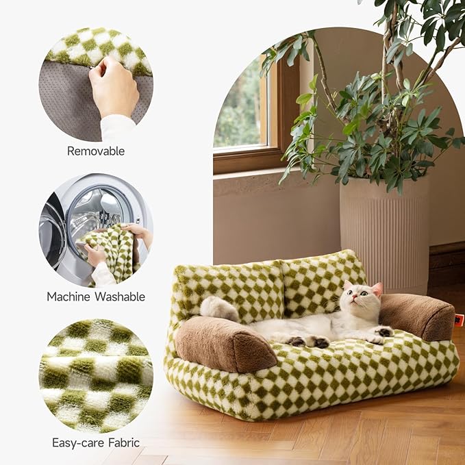 MEWOOFUN Cat Bed for Indoor Cats, Washable Dog Beds for Small Medium Dogs & Cats, Fluffy Cat Couch with Non-Slip Bottom (Green, 26.0" L X 19.0" W X 13.0" Th)-Mewly Pet