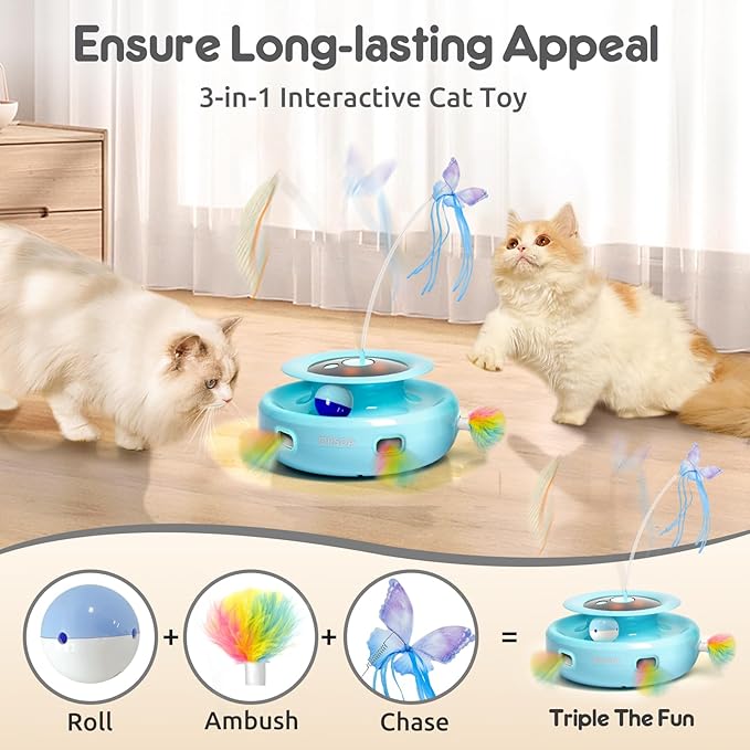 ORSDA Cat Toy, 3-in-1 Automatic Interactive Electronic Moving Ambush Feather, Fluttering Butterfly, Track Balls, USB Rechargeable Powered Smart Indoor Exercise Kicker-Mewly Pet
