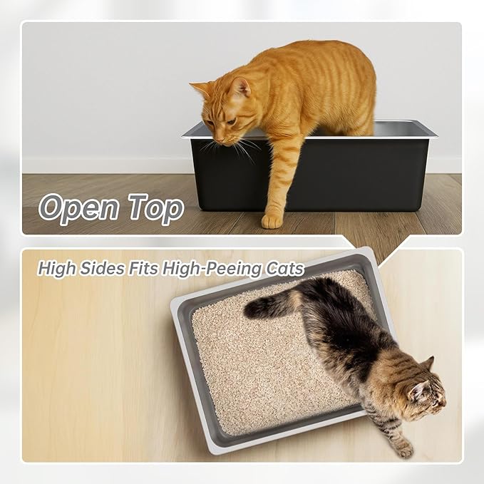 Ohtomber Stainless Steel Litter Box - High Sided Metal Cat Litter Box Pan, Never Absorbs Smell, Easy to Clean Non Stick Cat Litterbox Tray Toilet Pet Supplies for Indoor Kitty, Kitten, Rabbit, Puppy-Mewly Pet