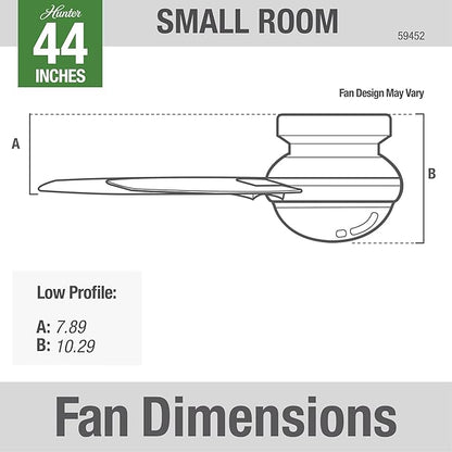 Hunter 44 inch Indoor Ceiling Fan with Light and Remote Control - For Bedroom or Living Room, Low Profile Mount, White Modern Ceiling Fan with LED Light, Quiet, 3 Blades - Minimus 59452, Fresh White