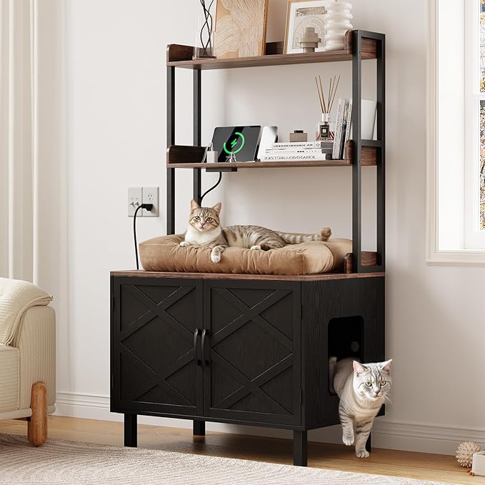 55 Inches Cat Litter Box Enclosure, Hidden Litter Box Furniture with 2 Storage Shelves and Charging Sockets, Wooden Cat House, Large Indoor Cabinet for Living Room & Entryway, Black-Mewly Pet