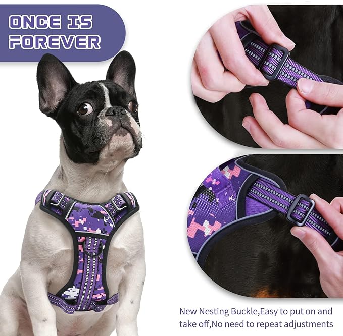 No Pull Dog Harness for Large Dogs, Adjustable No Choke Pet Vest with Dog Leash Fit Smart Reflective Pet Walking Harness for Training Easy Control Soft Handle Purple Camo L-Mewly Pet
