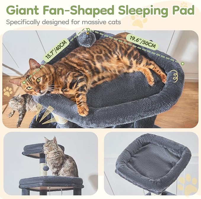 Taoqimiao 72 Inches Cat Tree for Large Cats, Multi-Level Tall Cat Tower, Widened Cat Condo with Large Scratch Board, 5 Scratching Posts, Metal Hammcock, Cozy Basket, Smoky Gray, MS045G-Mewly Pet