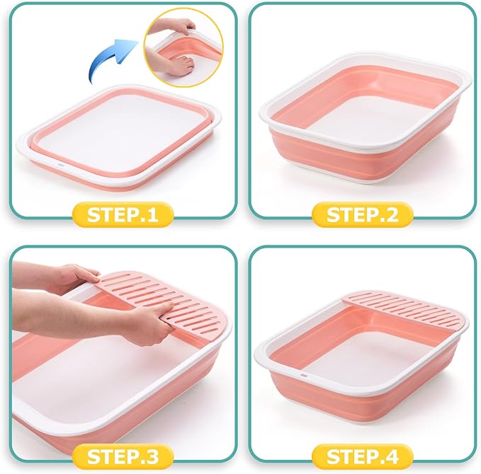 Open Top Cat Litter Box, Large Foldable Cat Potty Height-Adjustable Sides Anti-Splash, Open Air Kitty Litter Pan No Smell, Cat Toilet Easy Clean with Cat Litter Scoop (Pink)-Mewly Pet