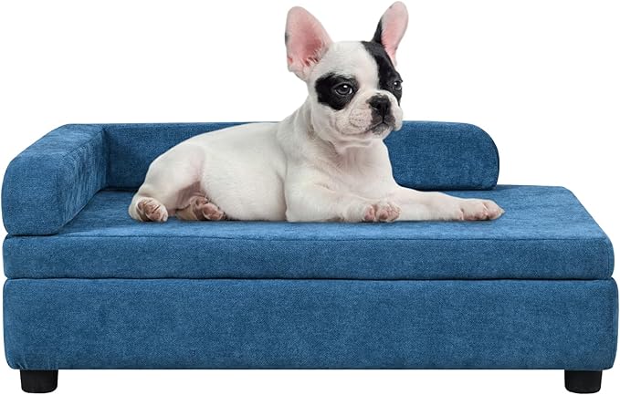 AFBKSS&BB Pet Sofa with Hidden Storage for Puppy and Cat,Linen Fabric Dog Sofa,Cat Couch with Wooden Frame (Blue)-Mewly Pet