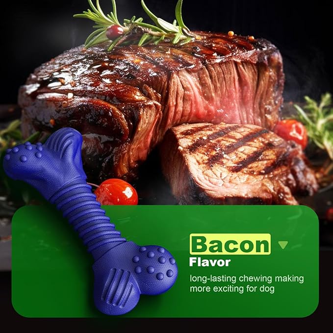 Dog Toys for Aggressive Chewers, Indestructible Chew Toys for Medium Large Dogs,Durable Rubber Dog Bones with Beef Flavor, Tough Dental Toy for Boredom Relief (Blue)-Mewly Pet