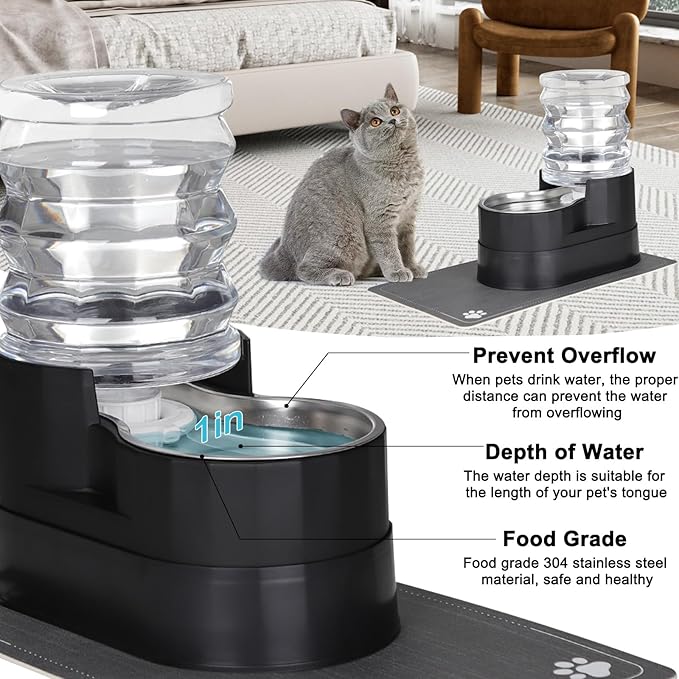 RIZZARI Automatic Cat Water Dispenser: Black 5L Elevated Feeder - Stainless Steel Gravity Bowl - Leakproof Base for Indoor Pets-Mewly Pet