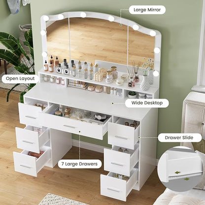 usikey 43.3" Vanity Desk with Large Lighted Mirror, Makeup Vanity Table with 7 Drawers & 10 Lights Bulbs, 3 Lighting Colors, Make Vanity Desk, Vanity Table for Women Girls, White