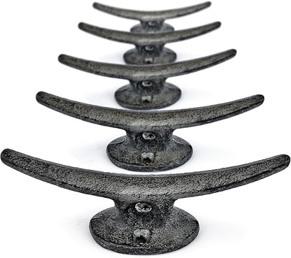 5 Pack Decorative Cast Iron Heavy Duty Double Hooks, Wall Mounted Coat Hooks, Vintage Inspired (Antique Black) (Mooring Type)