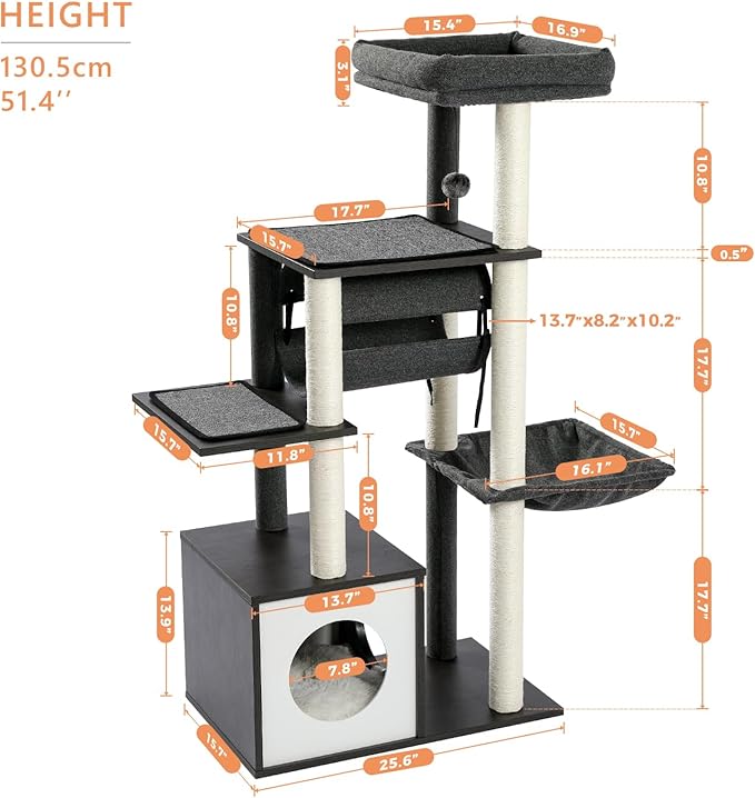 PEQULTI 51.4 Inches Modern Cat Tree Premium 6 Levels Wooden Cat Tower with Fully Sisal Covered Scratching Posts, Cozy Condo, Spacious Perch, Super Large Hammock and Swing Tunnel for Indoor Cats Gray-Mewly Pet