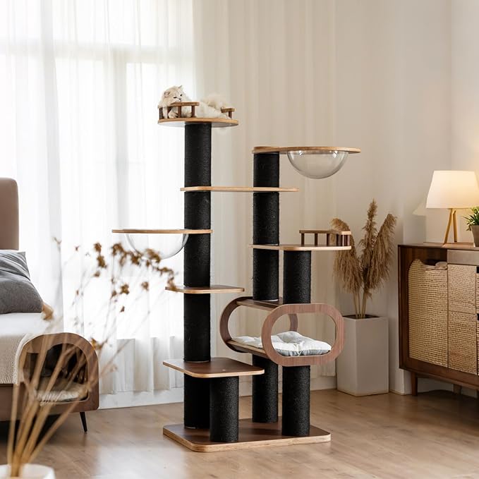 70.8'' Tall Luxury Cat Tree,All i,ne One Black Walnut Wood Modern Cat Tower for Indoor Large,Huge Multi-Level Cat Furniture with Scratching Posts,Condo,Cushion,Clear Bowl,Platform for Home Decoration-Mewly Pet