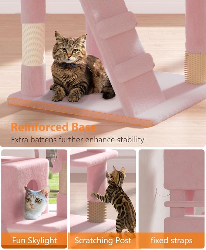77'' Cat Tree Tower for Indoor Cats Large Adult, Cute/Tall Modern Cat Tree for Big Cats 20 lbs, Plush Multi-Level Cat Condo with Scratching Posts,Dangling Ball (Soft Pink, 77 inch)-Mewly Pet