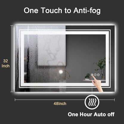 LED Bathroom Mirror, 48"X32" with Front and Backlit, Anti-Fog, Large Bathroom Vanity Mirror for Wall, Memory Function, Stepless Dimmable, Tempered Glass (Horizontal/Vertical)