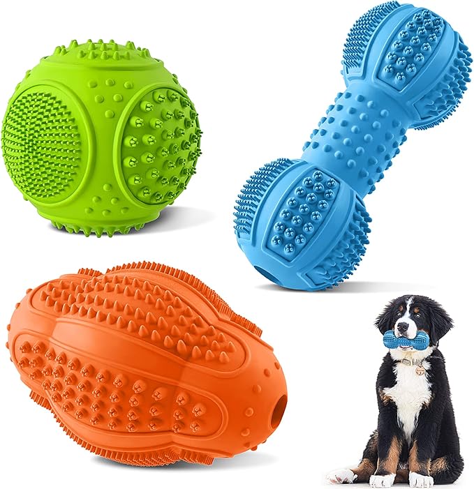 LUKITO Dog Chew Toys 3 Pack for Aggressive Chewers, Multifunctional Teeth Cleaning and Gum Massage, Tough Toys with Natural Rubber for Large and Medium Dog-Mewly Pet
