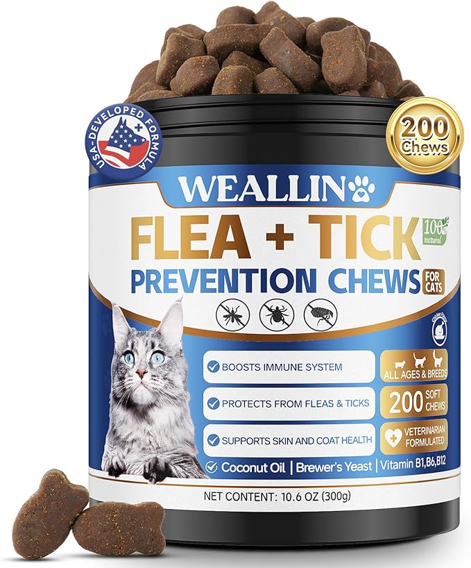 Flea and Tick Prevention for Cats, 200 Soft Chews for Fleas Treatment for Cats, Natural Cat Oral Flea Chewables Support Supplement, Flea and Tick Chews for All Breeds & Sizes-Mewly Pet