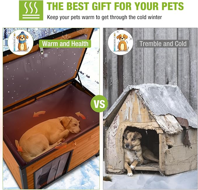 GUTINNEEN Large Insulated Dog House for Winter Outdoor Dog Kennel with Anti-Chewing Metal Frame for Medium to Large Dogs, Brown Color-Mewly Pet