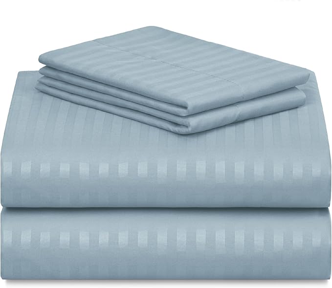 LuxClub 4 PC Queen Size Sheet Set Bed Sheets, Breathable Luxury Deep Pockets Wrinkle Free Cooling Sheets Machine Washable Hotel Bedding (Queen, Striped Light Blue)