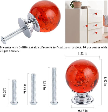10 PCS Crystal Cabinet Knobs Round Glass Bubbles Dresser Knobs Smooth Drawer Knobs Handle for Home, Cabinet, Drawer and Dresser Hardware with 3 Different Size Screws, 30MM (Red)