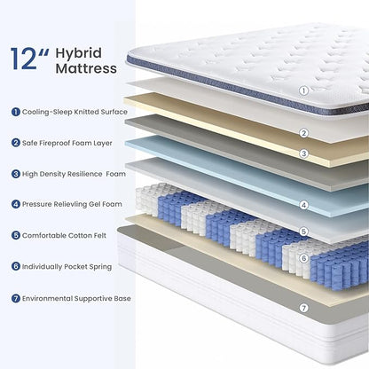 Full Mattress, 12 Inch Full Size Medium Plush Hybrid Mattress in a Box with Gel Memory Foam, Individually Pocketed Springs for Support and Pressure Relief, 100-Night Trial