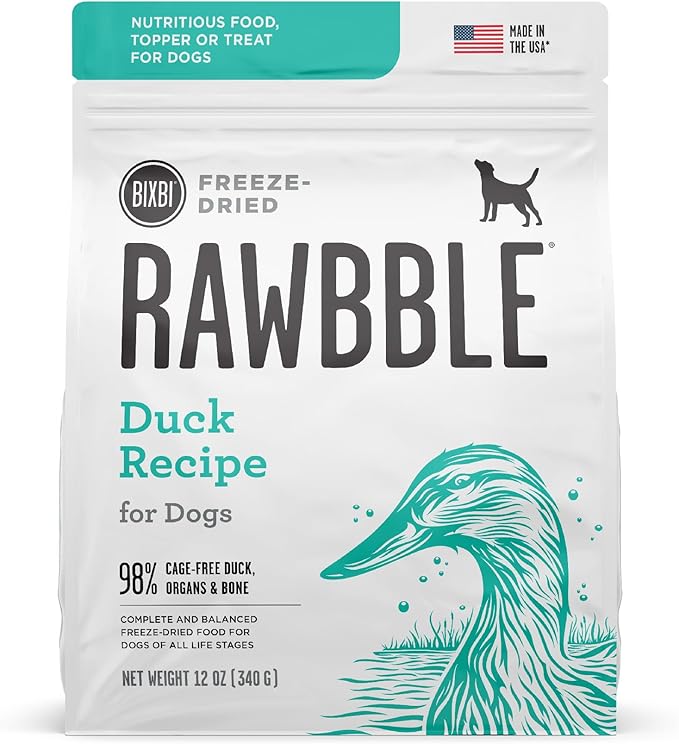 BIXBI Rawbble Freeze Dried Dog Food, Duck Recipe, 12 oz - 95% Meat and Organs, No Fillers - Pantry-Friendly Raw Dog Food for Meal, Treat or Food Topper - USA Made in Small Batches-Mewly Pet